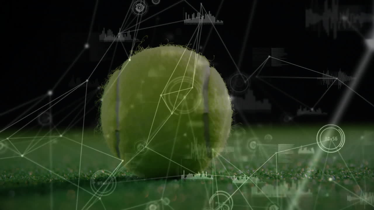 Bright green tennis ball rolling on green court surface, showing transparent digital network lines