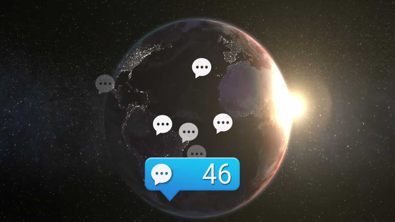 Animation of digital social media icons and numbers processing over globe