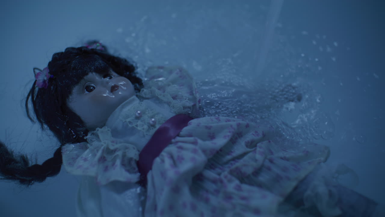 A porcelain doll submerged in water