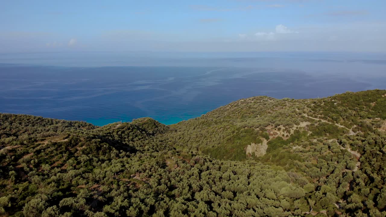 colinas verdes con olivos bordeadas por un mar azul celeste en el paisaje marino de la riviera mediterránea