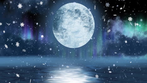 animation of full moon, snow falling and aurora borealis in christmas winter scenery background