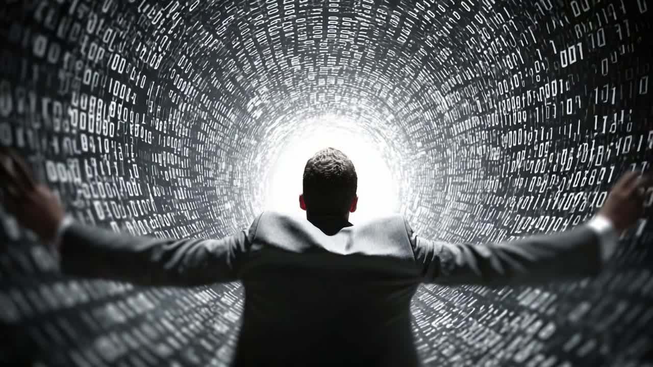 Navigating the Digital Abyss: A Businessman's Encounter with the Binary World in a Mind-Bending Visual Representation of Technology and Data