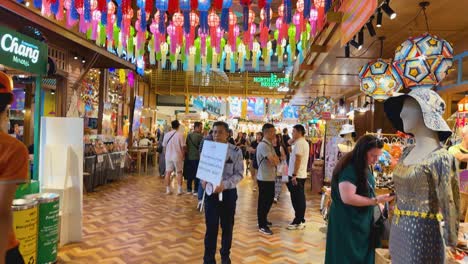 vibrant market with lanterns and bustling crowds