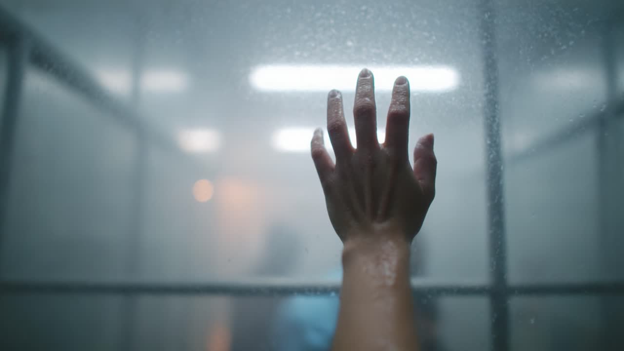 An evocative moment captured through the glass, illustrating the desperate reach of a hand against the condensation, symbolizing a longing for connection amidst a blurred reality and obscured vision