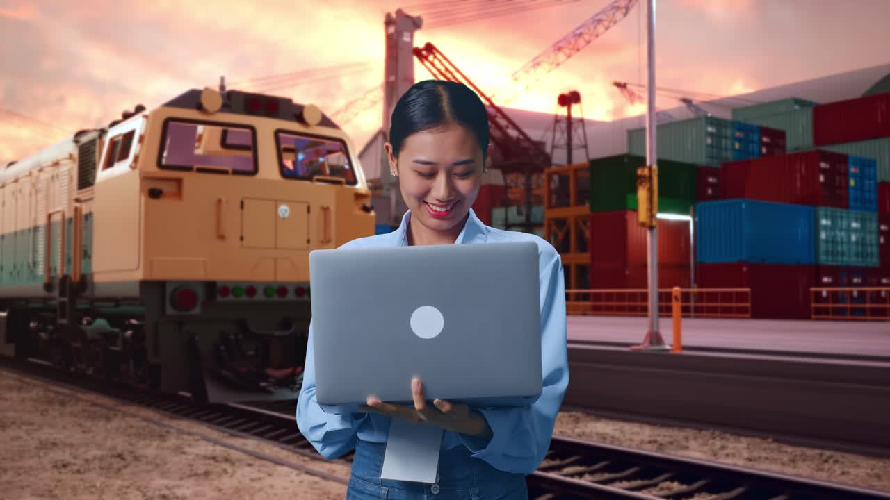 Asian Female With Her Laptop With Freight Cargo Train At Port, Work Continuously