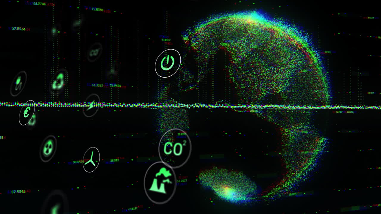 animación de iconos ecológicos y procesamiento de datos en todo el mundo
