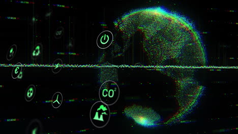 animation of eco icons and data processing over globe