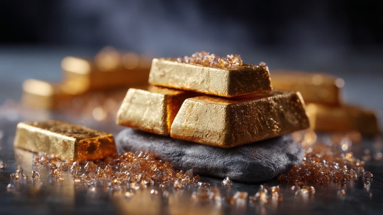A Stunning Display of Gleaming Gold Bars Resting Elegantly atop a Gray Stone Surface Surrounded by Sparkling Crystals, Capturing the Luxurious Essence of Precious Metals