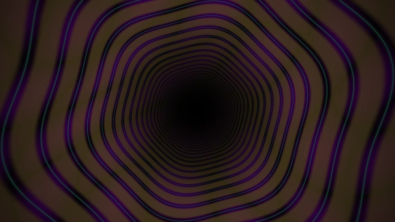 Tunnel astratto con anelli al neon viola e verde acqua pulsanti