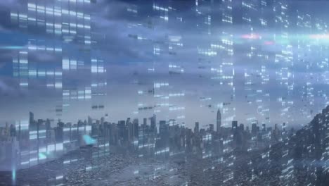 animation of data processing over cityscape