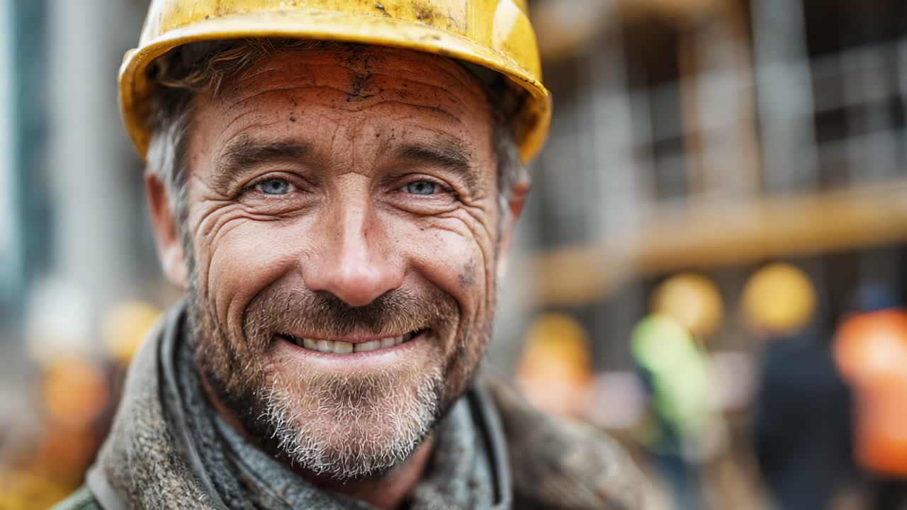 Operaio edile sorridente e sicuro di sé con dispositivi di sicurezza che dimostra positività e dedizione in un cantiere dinamico con colleghi sullo sfondo
