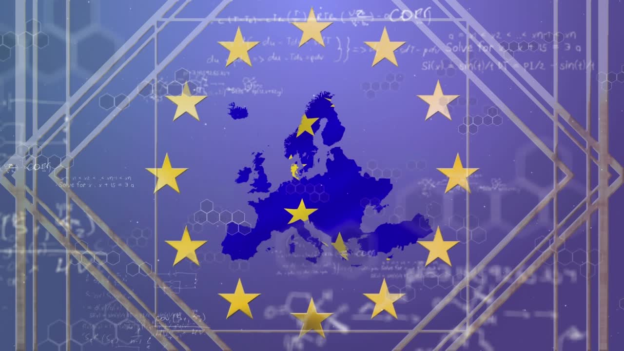 Animazione della bandiera dell'UE su un'equazione matematica e una mappa dell'Europa.
