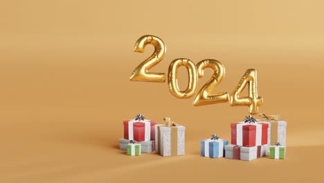 celebrando el 2024 con globos dorados y regalos sobre fondo amarillo