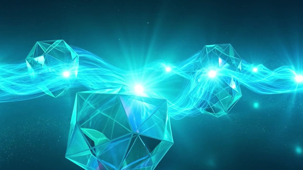 Abstraktní geometrické tvary vznášející se v zářícím modrém energetickém poli.
