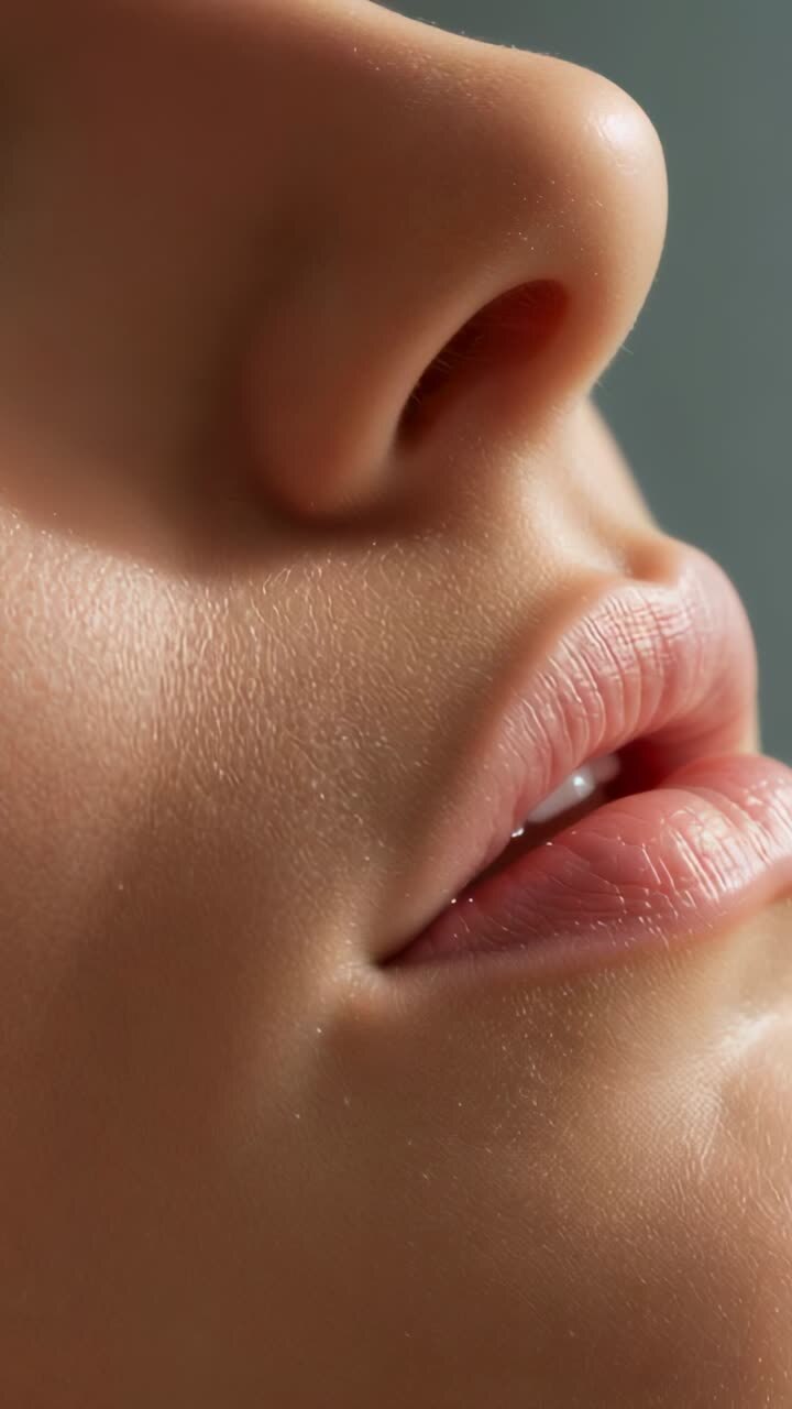 Vertical video: Reframing camera revealing child's face in studio, child's lips shifting into smile
