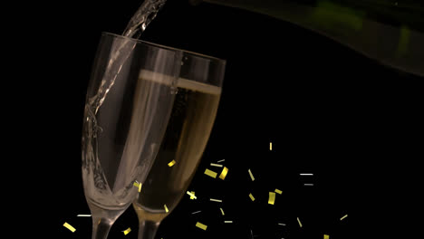 Animation-of-confetti-falling-over-champagne-glasses-on-black-background