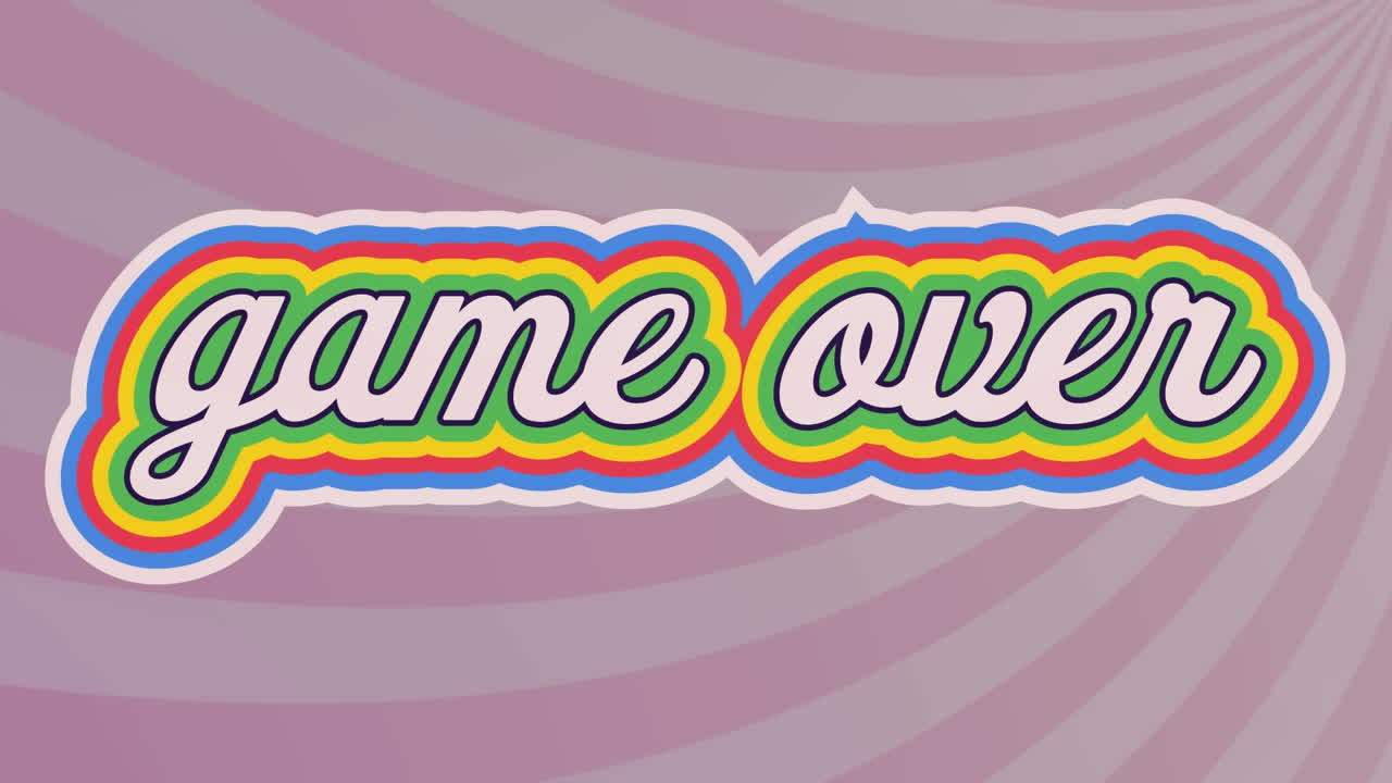 animación digital del juego sobre texto con efecto de sombra de arco iris contra un fondo radial púrpura