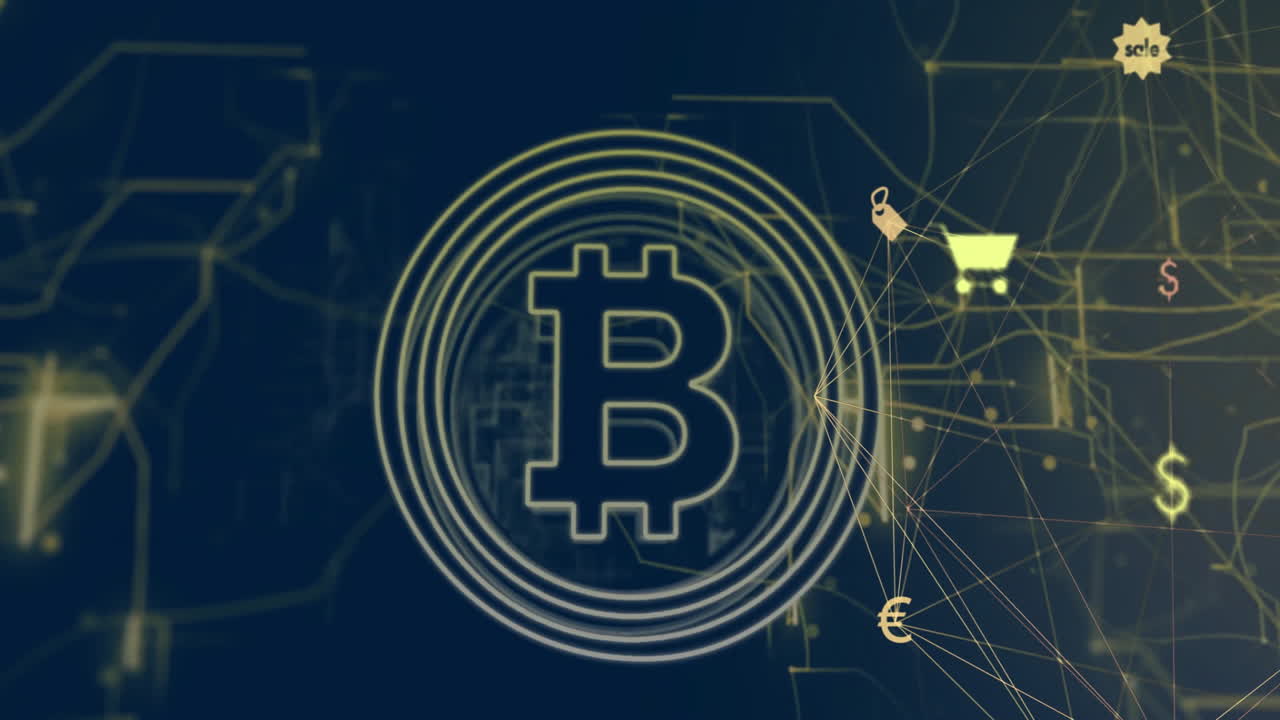 animación de la red de conexiones y el signo de bitcoin