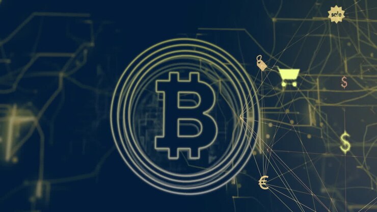 Animazione di una rete di connessioni e simbolo Bitcoin
