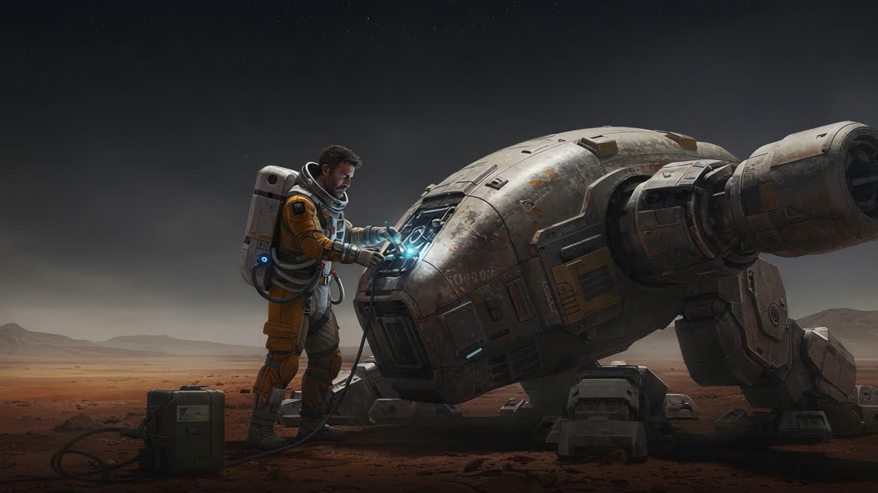 An astronaut meticulously repairs a futuristic spacecraft on the surface of an alien planet, showcasing advanced technology and exploration in a stunning sci-fi landscape