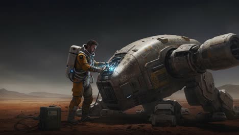 an astronaut meticulously repairs a futuristic spacecraft on the surface of an alien planet, showcasing advanced technology and exploration in a stunning sci-fi landscape