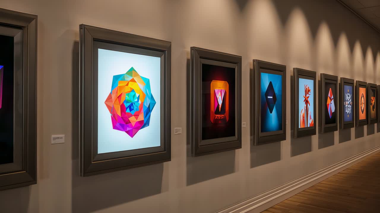 Gliding camera panning gallery, revealing digital prints in silver frames under shifting spotlights