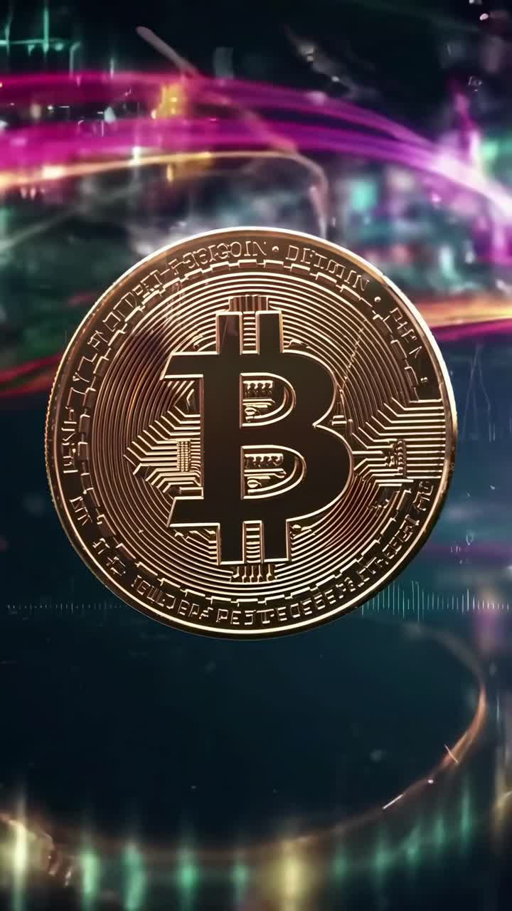 Video in primo piano di una moneta Bitcoin con effetti digitali, ripreso dal basso, stile futuristico