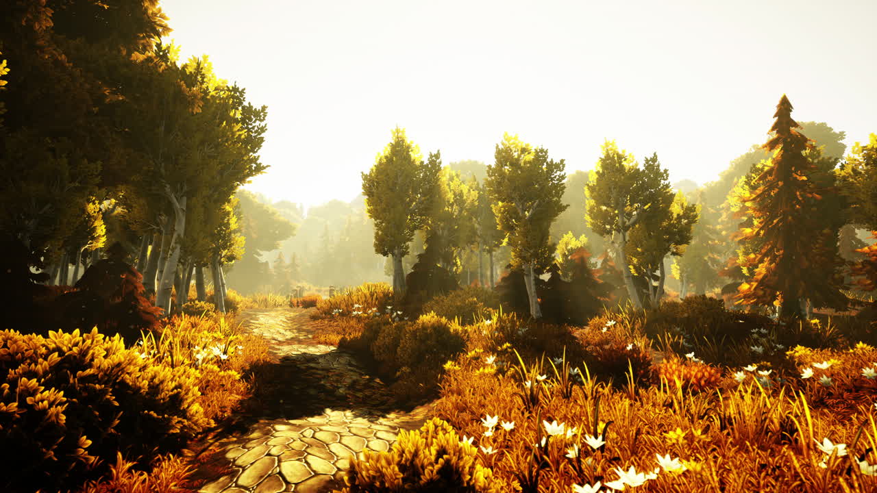 황금색  ⁇ 빛으로 백라이트 된 만화 숲 나무