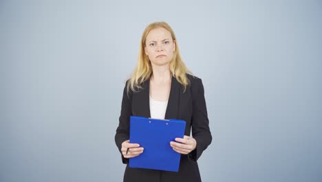 business woman closing the file in anger.