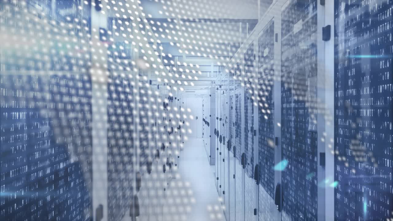 corridor view starting dot-matrix map fading code lines scrolling orange sparks connecting networks