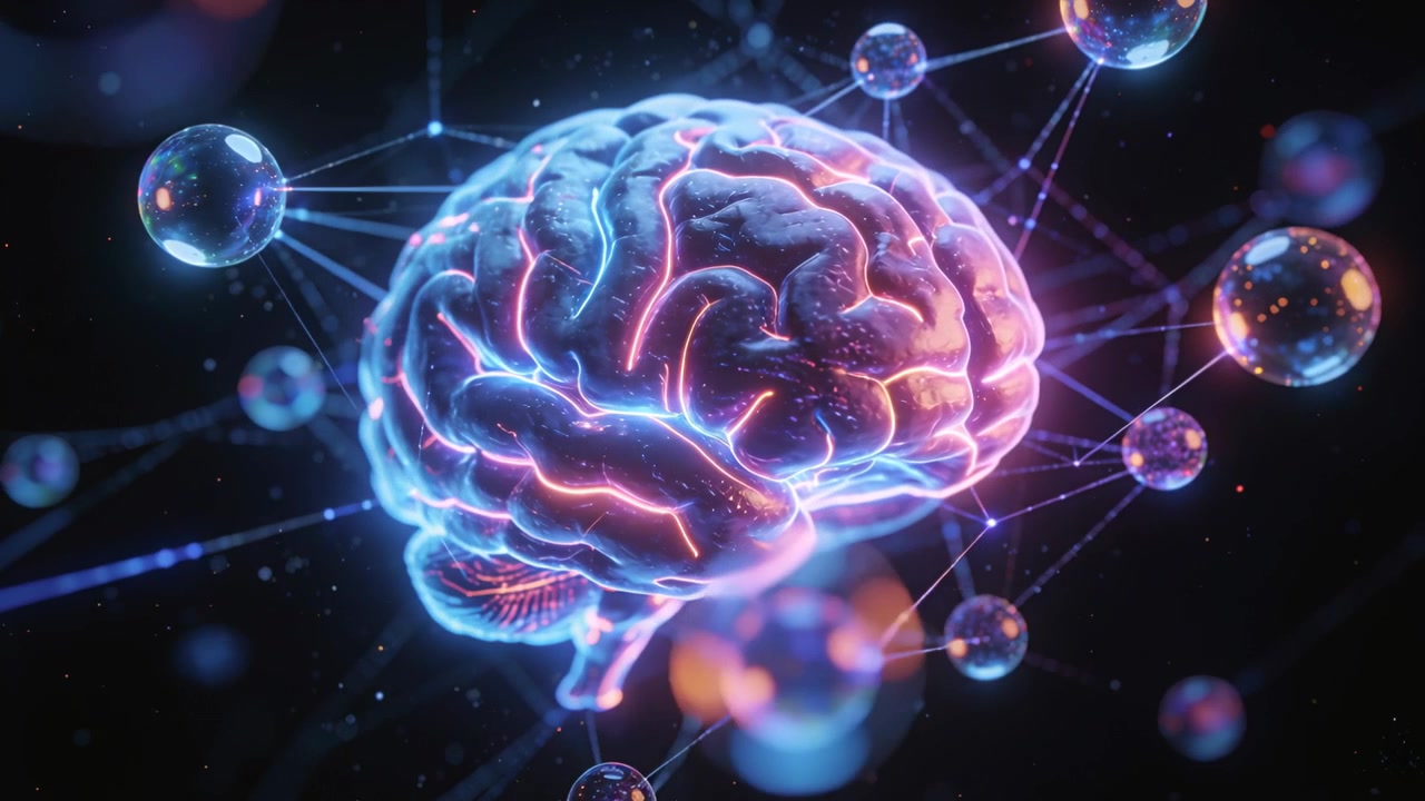 Neon pulse starting, pulsing 3D brain emitting blue-pink veins in dark void, nodes showing network