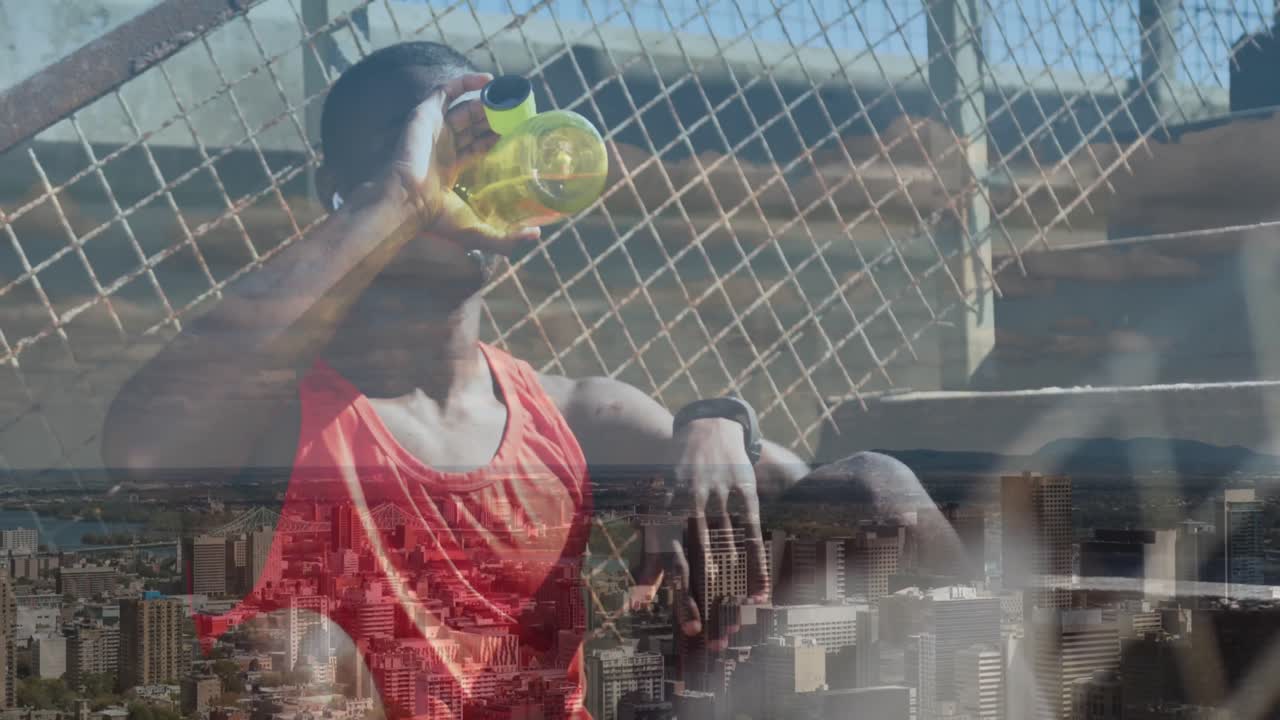 운동 중 물 을 마시는 아프리카계 미국인 남성 운동 선수 에 대한 도시 풍경 의 애니메이션