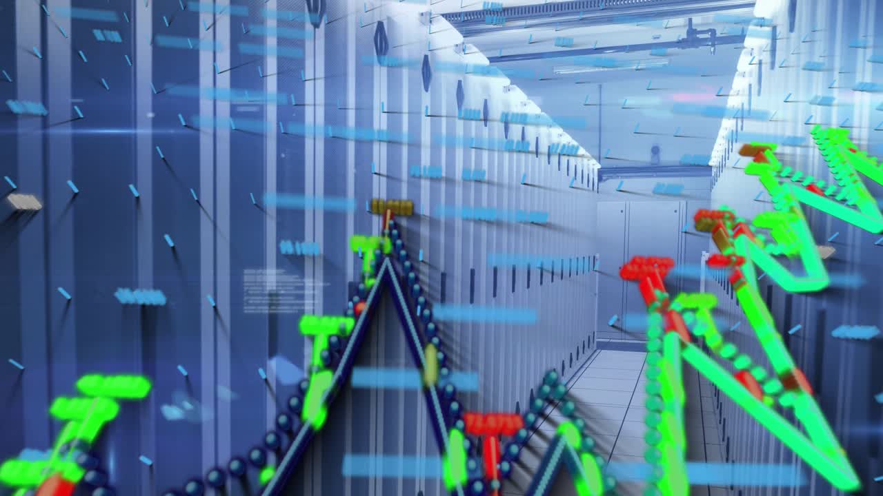 Opening showing server racks, code rain cascading and green-red charts rising to visualize metrics