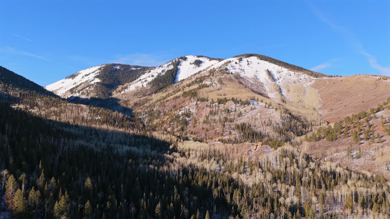 Un'ampia prospettiva drone cattura le cime innevate di Blue Mountain sopra fitte foreste sempreverdi e di pioppi tremuli spogli vicino a Monticello. La luce solare intensa illumina le aspre vette invernali.
