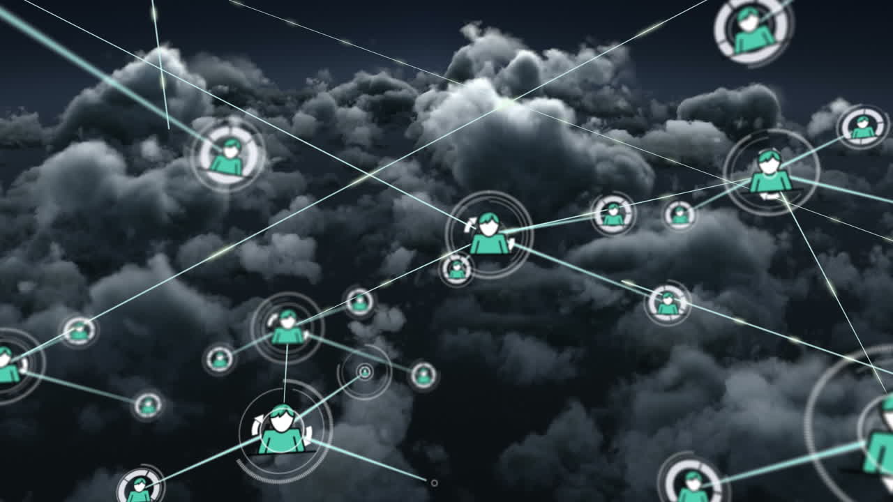 animación de la red de conexiones con las personas iconos sobre el cielo con nubes