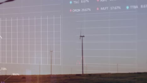 Animación-Del-Procesamiento-De-Datos-Estadísticos-Del-Mercado-De-Valores-Sobre-Molinos-De-Viento-Giratorios-En-Pastizales