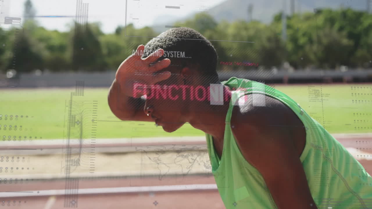 Male athlete leaning on track catching breath, displaying sports technology analytics overlay