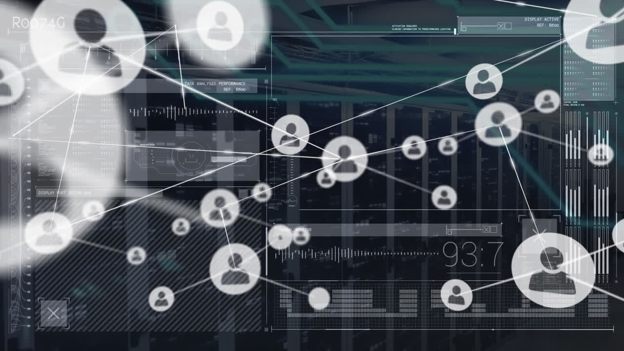 Animation of network of connections with icons and data processing over server room