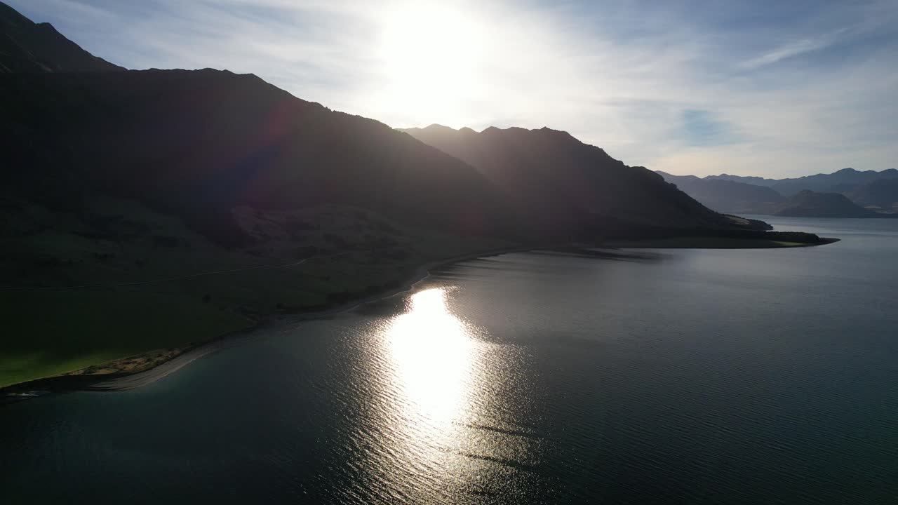 Lake Hawea At Sunrise In South Island, New Zealand - Aerial Shot