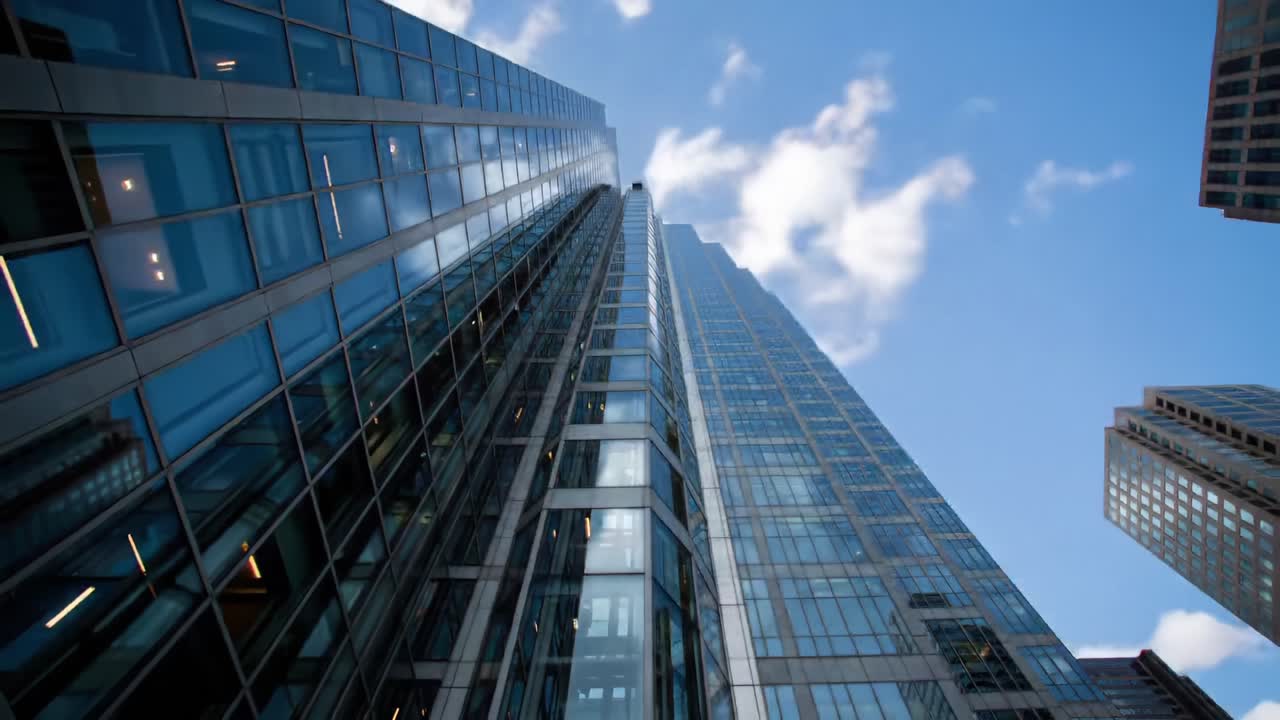 A Stunning Perspective of Modern Skyscrapers Reaching Skyward, Showcasing Reflective Glass Facades and Cloudy Blue Skies in an Urban Environment