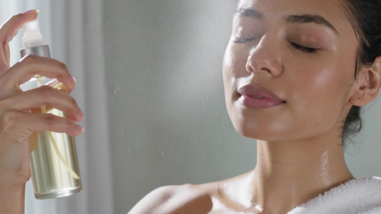 Premendo la pompa, una donna spruzza una nebbia facciale in bagno, idratando la pelle con uno spray e un asciugamano.