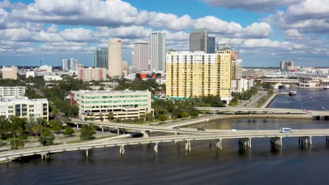 Coastal-City-of-Tampa-on-Florida-Gulf-Coast,-Aerial-Drone-Establisher