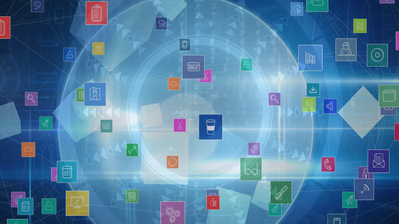 파란색 배경의 둥근 스캐너에 대해 떠다니는 여러 디지털 아이콘의 디지털 애니메이션