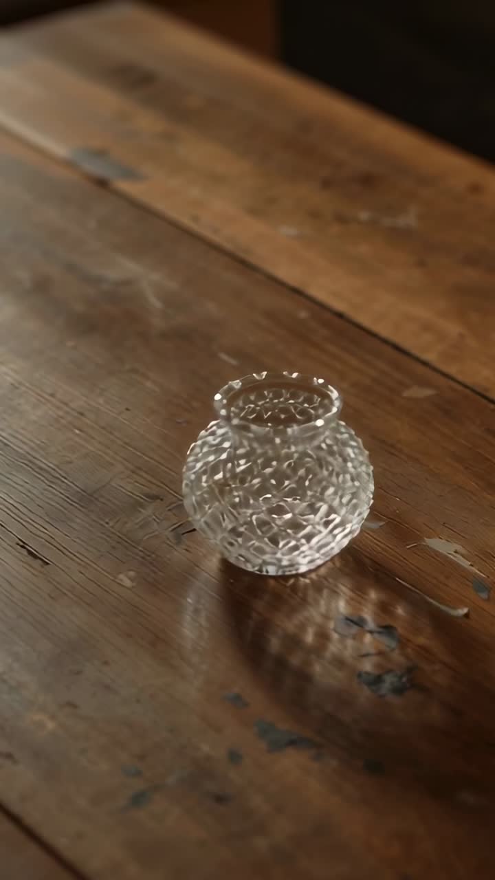 Video verticale: Telecamera che si inclina, luce che si sposta per studiare i riflessi, vaso su tavolo di legno con cerniera.