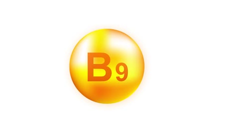 vitamina b9 con gota realista en el fondo gris. partículas de vitaminas en el medio. gráficos en movimiento.