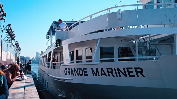 New York, USA, 9 agosto 2025: la Grande Mariner è attraccata e i passeggeri si stanno imbarcando. Turisti che si imbarcano sulla nave da crociera Grande Mariner a New York