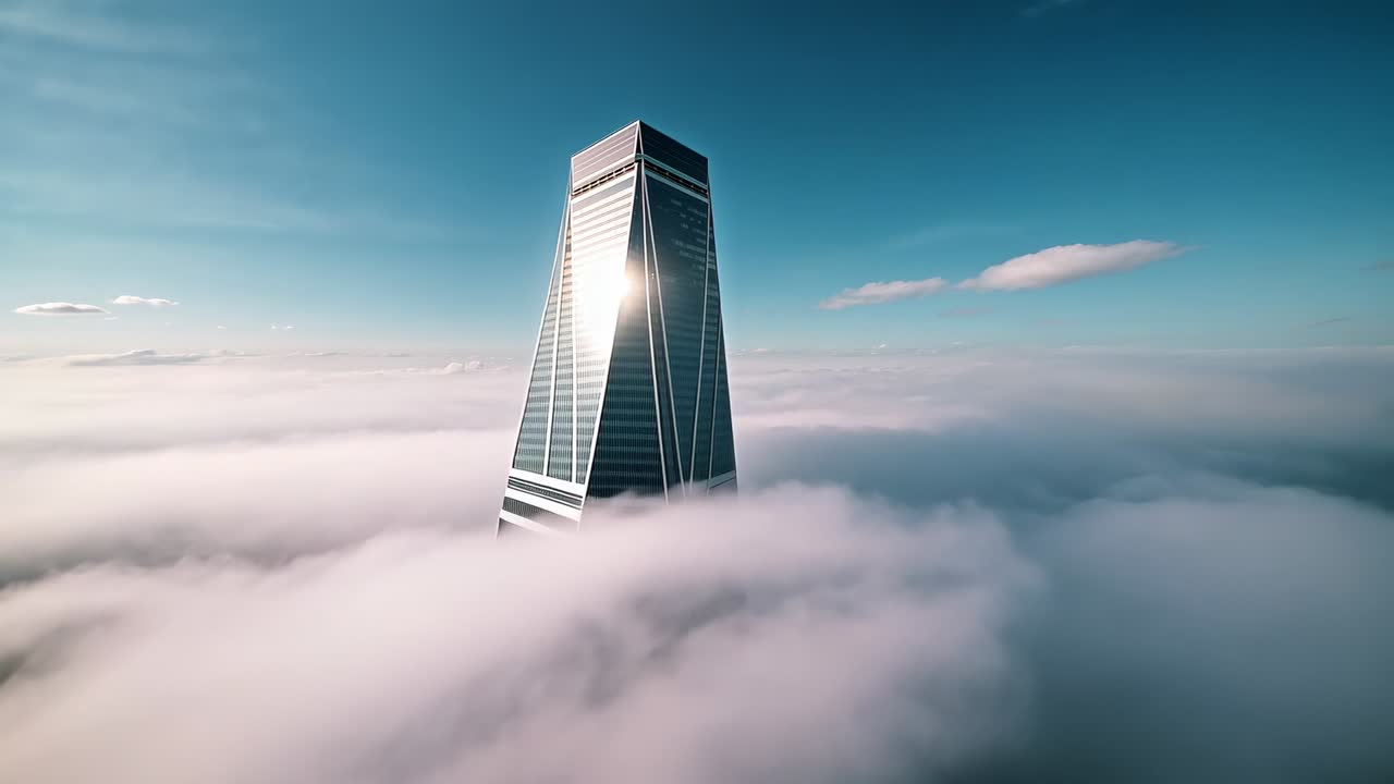 Pulling back drone as fog band drifting down revealing glazed skyscraper above clouds, sun glinting