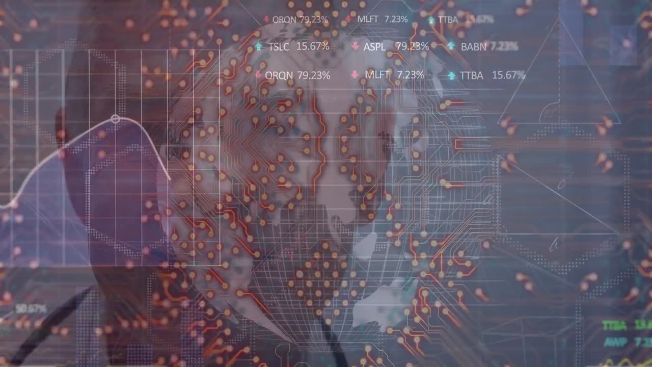 데이터 프로세싱 및 컴퓨터 회로 보드와 함께 지구상의 애니메이션 백인 남성 의사