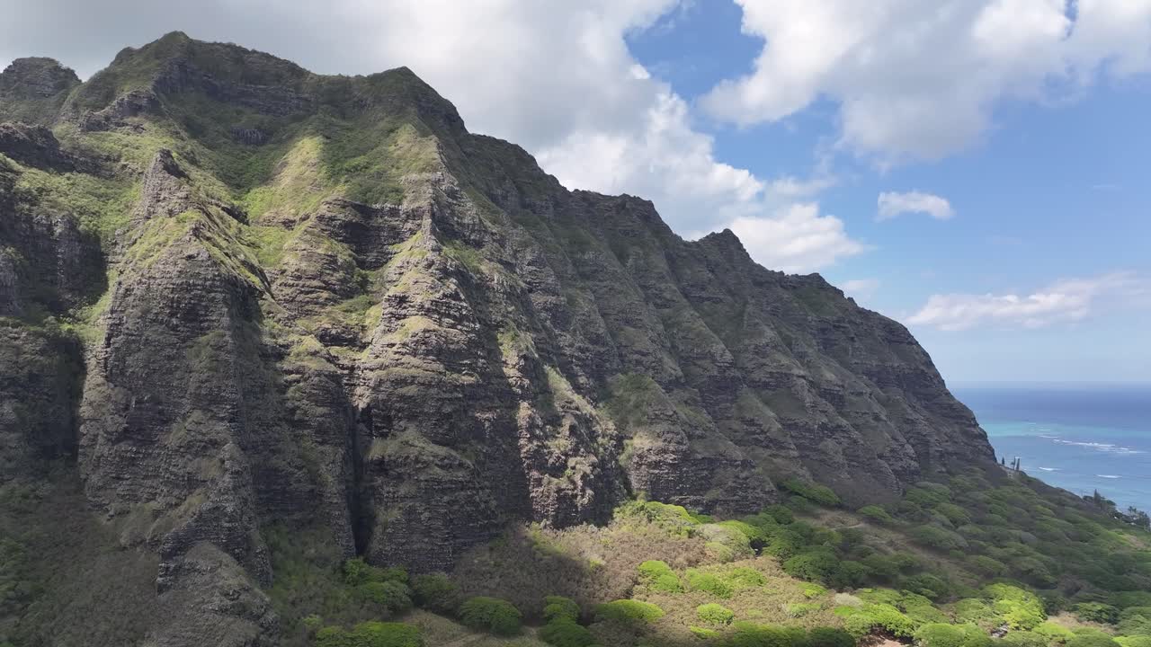 Filmato aereo realizzato con drone sopra le lussureggianti montagne verdi e la costa tropicale delle Hawaii, che mostra le acque turchesi dell'oceano, le palme, le pittoresche vallate e i vivaci paesaggi naturali dell'isola dall'alto