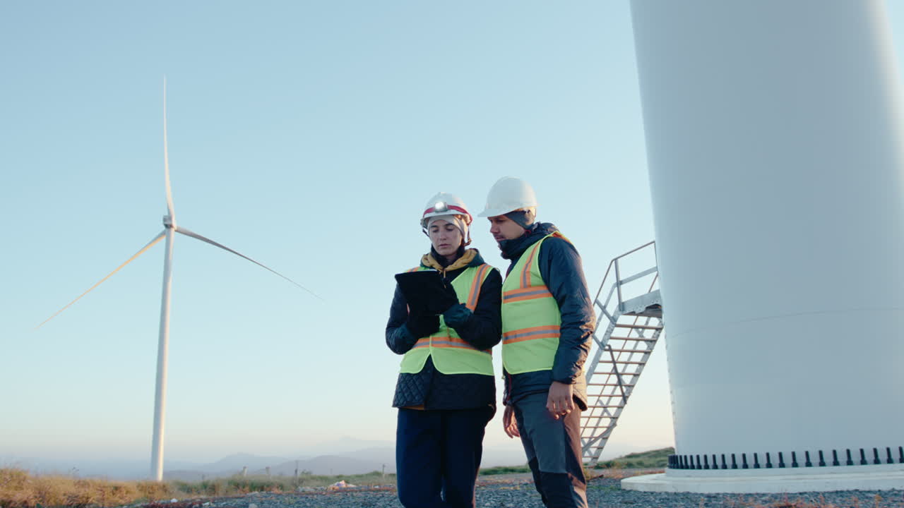 Renewable Energy Engineers Working with Digital Tablet at Wind Farm